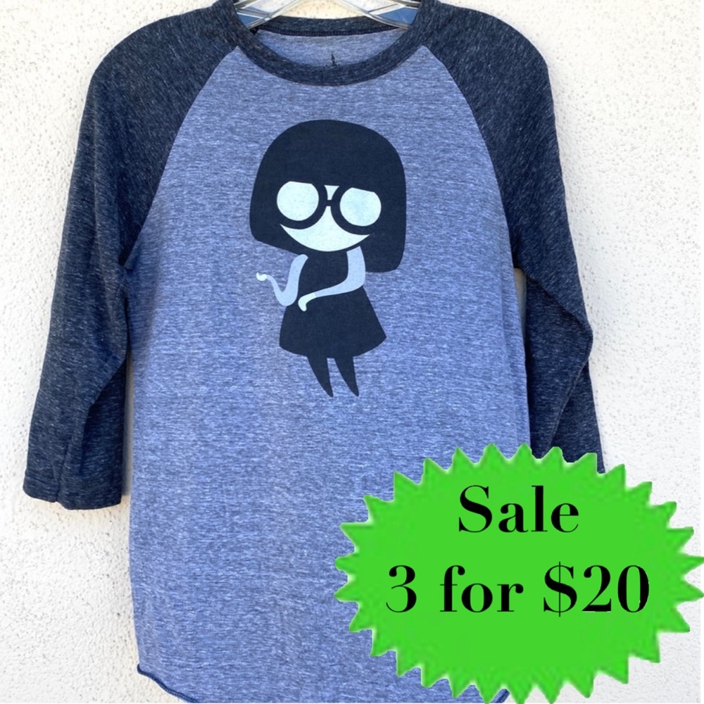 DISNEY baseball shirt EDNA INCREDIBLES raglan gray black top tee graphic t-shirt